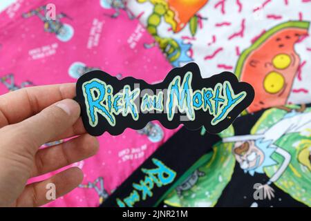 Tyumen, Russia-May 11, 2022: Rick and Morty adult animated science fiction sitcom. Clothing with a logo Stock Photo