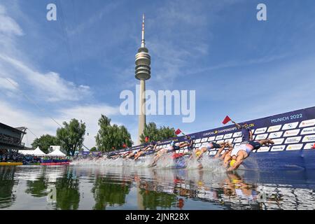 Munich, Germany. 13th Aug, 2022. Illustration picture shows the men Triathlon European Championships Munich 2022, in Munich, Germany, on Saturday 13 August 2022. The second edition of the European Championships takes place from 11 to 22 August and features nine sports. BELGA PHOTO ERIC LALMAND Credit: Belga News Agency/Alamy Live News Stock Photo