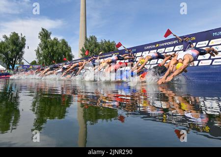 Munich, Germany. 13th Aug, 2022. Illustration picture shows the men Triathlon European Championships Munich 2022, in Munich, Germany, on Saturday 13 August 2022. The second edition of the European Championships takes place from 11 to 22 August and features nine sports. BELGA PHOTO ERIC LALMAND Credit: Belga News Agency/Alamy Live News Stock Photo