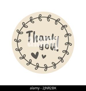 Thank you lettering with doodle floral frame. Vector label with hand drawn circle frame. Stock Vector