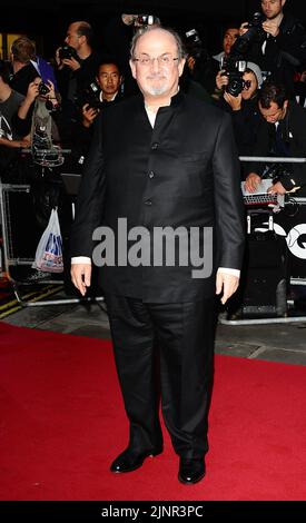 File photo dated 06/09/11 of Salman Rushdie arriving for the 2011 GQ Men of the Year Awards at the Royal Opera House, Covent Garden, London. Sir Salman Rushdie is on a ventilator and may lose an eye after he was stabbed on stage in New York state. The 75-year-old Indian-born British author sustained nerve damage to his arm and damage to his liver, according to the New York Times. Issue date: Saturday August 13, 2022. Stock Photo