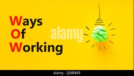 WOW ways of working symbol. Concept words WOW ways of working on a beautiful yellow background. Green light bulb icon. Business and WOW ways of workin Stock Photo