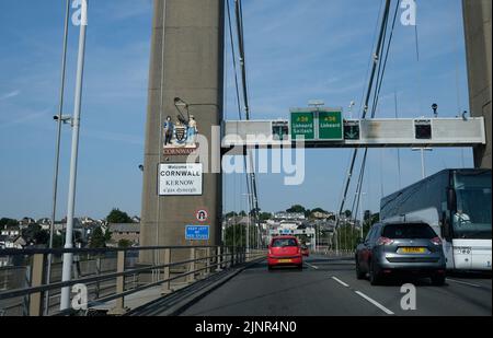 transport crossing the tamar suspension bridge between devon and cornwall boundary uk august 2022 Stock Photo