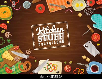 Cooking background with decorative frame containing kitchen stuff food in plates and vegetables on chopping boards vector illustration Stock Vector