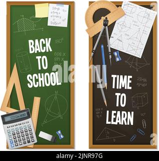 Mathematic science vertical banners look like chalkboards with title drawing solutions and calculation equipment and stationery vector illustration Stock Vector