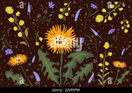 Cute floral vector pattern with meadow flowers. Poster, wallpaper. Dark brown background, bright flowers: yellow. blue, orange. Green leaves Stock Vector
