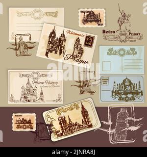 Vintage postcards template set with hand drawn landmarks and stamps vector illustration Stock Vector