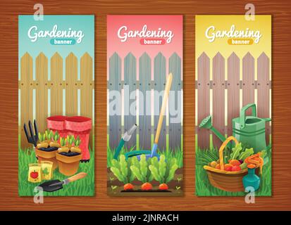 Colorful collection of gardening vertical banners with tools sprout in pots and garden beds and basket of harvest at wooden fence background flat vect Stock Vector