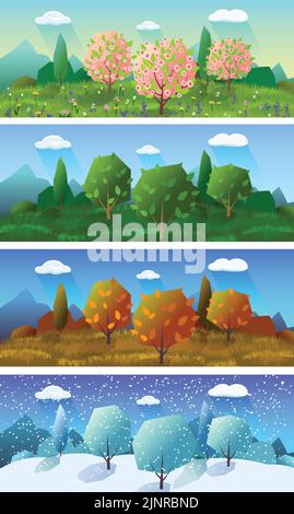 Alpine meadow landscape of the four seasons 4 horizontal banners set abstract isolated vector illustration Stock Vector