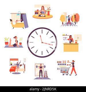 Woman routine on clock. Cartoon girl activities during daytime, female busy lifestyle schedule. Vector sleep work rest and hobby scenes illustration Stock Vector