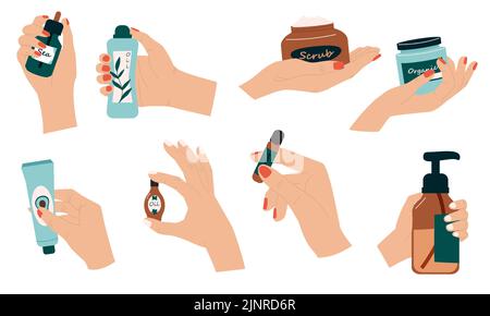 Hands holding cosmetic bottles. Organic womans cream lotion oil for skin care and moisturizing. Vector female hands holding organic cosmetics Stock Vector