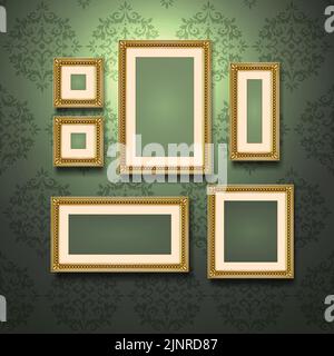 Realistic golden frames on retro style ornament wallpaper wall vector illustration Stock Vector