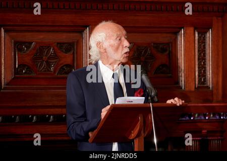 Roger McGough speaking at the Lunch at The National Liberal Club celebrating HRH The Duchess of Cornwall’s 75th birthday. Stock Photo