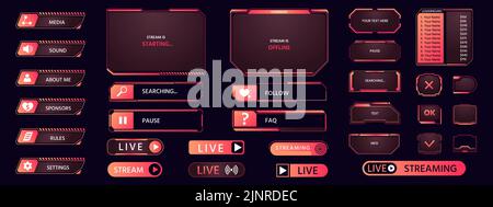 Game frame. Streaming interface elements, button icon frame futuristic layout asset, HUD live broadcast dashboard elements collection. Vector pop up Stock Vector