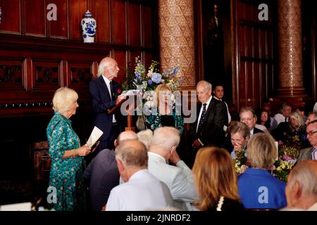 Roger McGough speaking at the Lunch at The National Liberal Club celebrating HRH The Duchess of Cornwall’s 75th birthday. Stock Photo