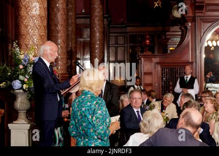 Roger McGough speaking at the Lunch at The National Liberal Club celebrating HRH The Duchess of Cornwall’s 75th birthday. Stock Photo