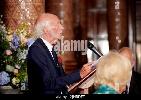 Roger McGough speaking at the Lunch at The National Liberal Club celebrating HRH The Duchess of Cornwall’s 75th birthday. Stock Photo