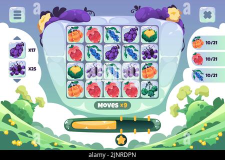 Match 3 game screen. Gameplay UI of cartoon fantasy fruits puzzle game, 2D interface layout mockup with colorful icons. Vector farmer mobile GUI Stock Vector