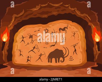 Prehistoric painting. Primitive drawing on stone wall of cave, ancient symbols of hunters, animals and ornamental elements. Vector carvings on rock Stock Vector