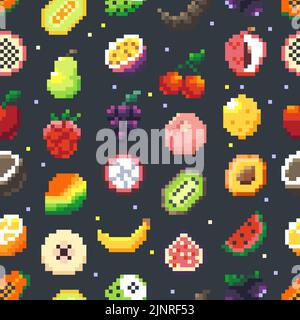 Pixel fruits pattern. Seamless print of pixelated cartoon fruits and berries, 2D game wallpaper of rough pixel icons. Vector texture Stock Vector