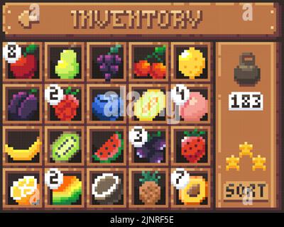 Pixel fruits inventory. Cartoon game interface screen with fruits and berries in cells and UI elements, 8-bit 2D game sprite asset. Vector character Stock Vector