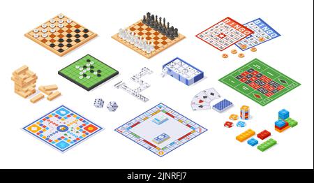 Board game collection. Cartoon funny strategy miniature games for family leisure and recreation, lotto bingo and dice table gaming. Vector isolated Stock Vector