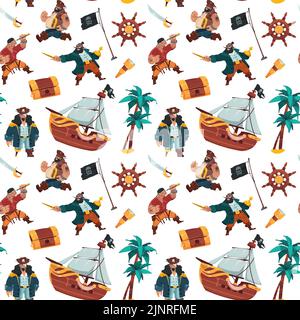 Pirates pattern. Cartoon seamless print of sailors and bandits in pirate costumes with weapon treasure chest and spyglass. Vector texture kids Stock Vector