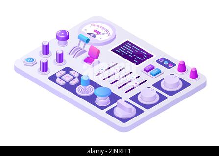 Isometric control panel. 3D analog retro machine for power supply control or radio broadcast adjusting with knobs buttons and toggles. Vector electric Stock Vector