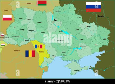 Detailed map of Ukraine with cities, rivers, regions. Illustration. Stock Vector
