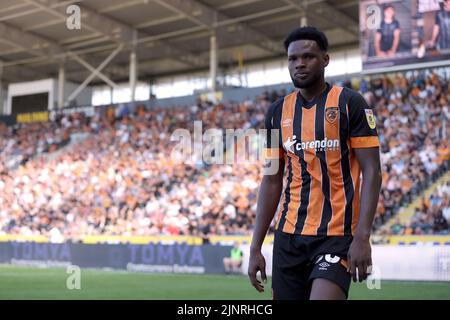 Hull City's Benjamin Tetteh goes off injured during the Sky Bet Championship match at the MKM Stadium, Hull. Picture date: Saturday August 13, 2022. Stock Photo