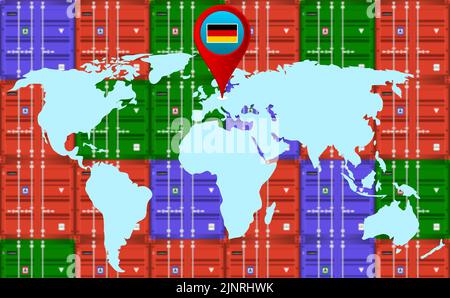 international business in Germany background with location on world map and blur Cargo container. Stock Photo