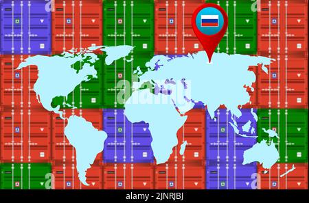 russia location on world map with blur Cargo container. concept for import export business in Russia. Stock Photo