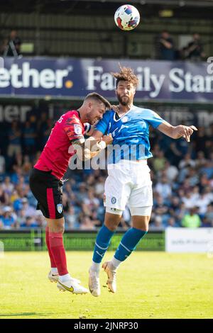 Kyle Wootton of Stockport County (19) heads the ball during the Sky Bet League 2 match between Stockport County and Colchester United at the Edgeley Park Stadium, Stockport on Saturday 13th August 2022. (Credit: Mike Morese | MI News) during the Sky Bet League 2 match between Stockport County and Colchester United at the Edgeley Park Stadium, Stockport on Saturday 13th August 2022. (Credit: Mike Morese | MI News) Credit: MI News & Sport /Alamy Live News Stock Photo