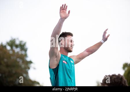 Munich, Germany. 13th Aug, 2022. Munich, Germany, August 13th 2022: Nicolai Uznik (AUT) after winning the Sport Climbing Men's Boulder at Koenigsplatz at the Munich 2022 European Championships in Munich, Germany (Liam Asman/SPP) Credit: SPP Sport Press Photo. /Alamy Live News Stock Photo