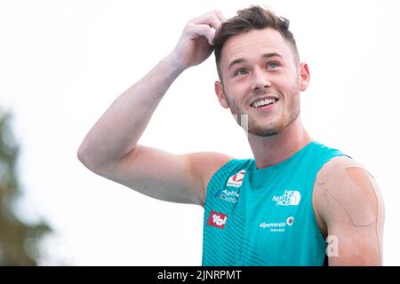 Munich, Germany. 13th Aug, 2022. Munich, Germany, August 13th 2022: Nicolai Uznik (AUT) after winning the Sport Climbing Men's Boulder at Koenigsplatz at the Munich 2022 European Championships in Munich, Germany (Liam Asman/SPP) Credit: SPP Sport Press Photo. /Alamy Live News Stock Photo