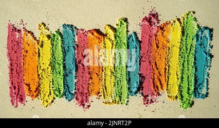 Rainbow creative background of lines drawn with multi-colored crayons. Textured bright surface Stock Photo