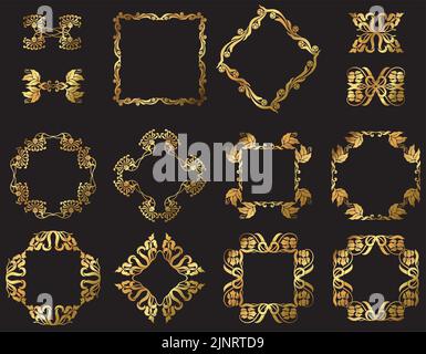 A set of vintage vector gold floral decorative borders and frames. Stock Vector