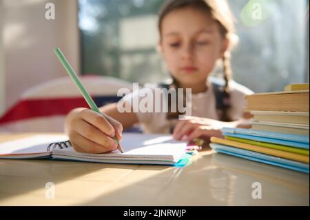 Details: Hand of schoolgirl, first grader holding pencil, making notes on copybook while learning writing at classroom Stock Photo