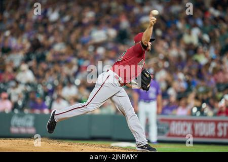 August 12 2022: Arizona pitcher Chris Devenski (32) throws a pitch during the game with Saint Louis Cardinals and Colorado Rockies held at Coors Field in Denver Co. David Seelig/Cal Sport Medi Stock Photo