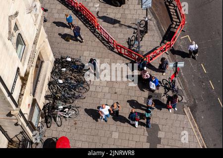Looking down at Queen Street, Oxford, from Carfax Tower , 2009 Stock Photo