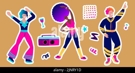 80s retro music party sticker set. Groovy funky character disco dance icon Stock Vector