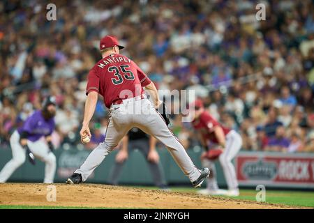 August 12 2022: Arizona pitcher Joe Mantiply (35) throws a pitch during the game with Saint Louis Cardinals and Colorado Rockies held at Coors Field in Denver Co. David Seelig/Cal Sport Medi Stock Photo