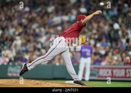 August 12 2022: Arizona pitcher Kevin Ginkel (37) throws a pitch during the game with Saint Louis Cardinals and Colorado Rockies held at Coors Field in Denver Co. David Seelig/Cal Sport Medi Stock Photo