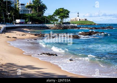 Salvador, Bahia, Brazil - June 04, 2022: View from afar of Farol da Barra, postcard city of Salvador, Bahia, Brazil. Stock Photo