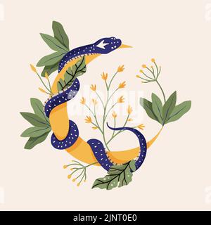 Snake and moon illustrations vector retro design alchemy flower. Python vintage shirt print Stock Vector