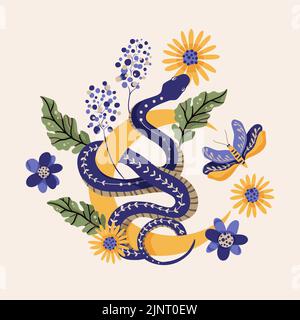 Snake and moon illustrations vector retro design alchemy flower. Python vintage shirt print Stock Vector