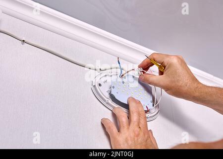 Installing LED wall light fixture, electrician connect connecting wires to home electrical wiring. Stock Photo
