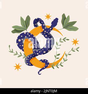 Snake and moon illustrations vector retro design. Python vintage shirt print Stock Vector