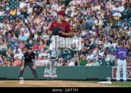 August 12 2022: Arizona pitcher Zach Davies (27) throws a pitch during the game with Saint Louis Cardinals and Colorado Rockies held at Coors Field in Denver Co. David Seelig/Cal Sport Medi Stock Photo