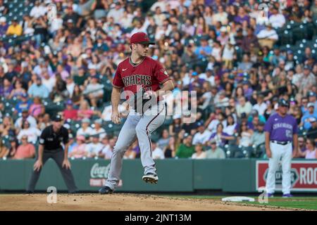 August 12 2022: Arizona pitcher Zach Davies (27) throws a pitch during the game with Saint Louis Cardinals and Colorado Rockies held at Coors Field in Denver Co. David Seelig/Cal Sport Medi Stock Photo